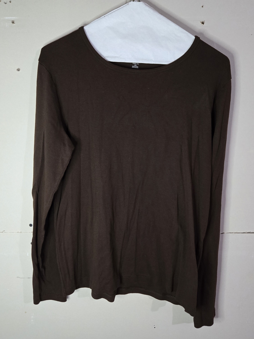 St. John's Bay Women's L Brown Solid Knit Cotton Round Neck Long Sleeve Tee